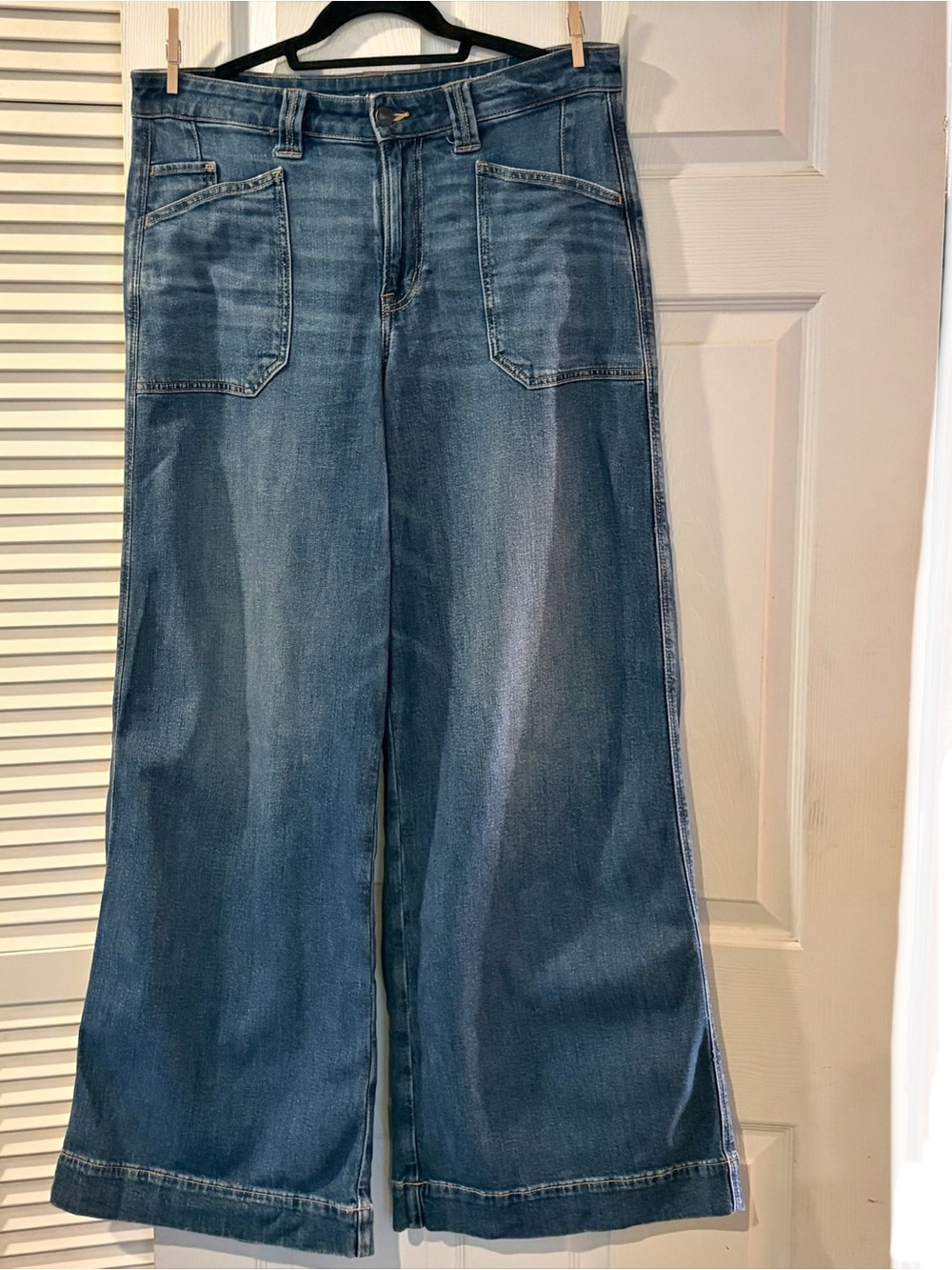 American Eagle Super High-Rise Ultra Wide Leg Jeans 10 Long Patch Pocket Blue